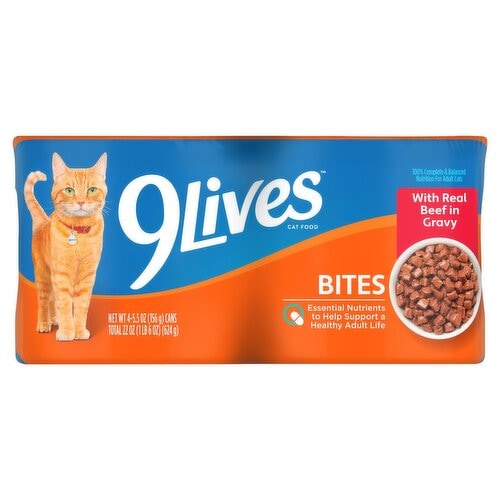 9Lives Bites Wet Cat Food with Real Beef in Gravy, 624g
