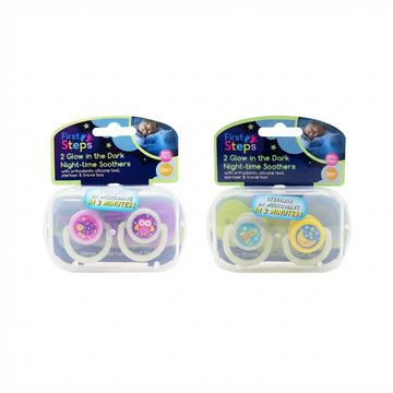First Steps Glow In The Dark Night-Time Soothers, 2-Pack (0m+): Orthodontic Silicone Teats, 2-Minute Steriliser Travel Box, BPA Free