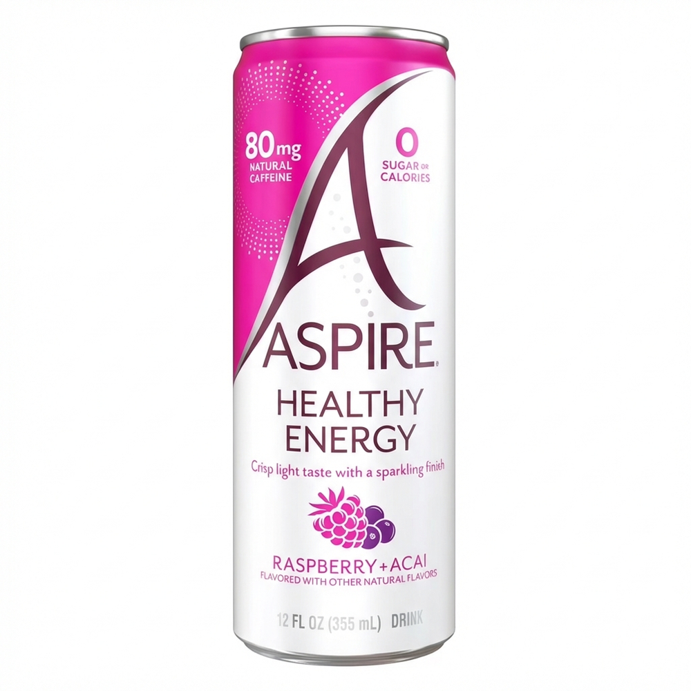 Aspire Healthy Energy Drink, Black Raspberry Flavor, 80mg Natural Caffeine, Zero Sugar, Zero Calories, 355ml Can