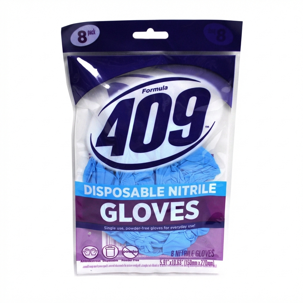 Formula 409 Disposable Nitrile Gloves, Single-Use, Powder-Free, Ambidextrous, 8-Pack, 5.91 X 10.63 In