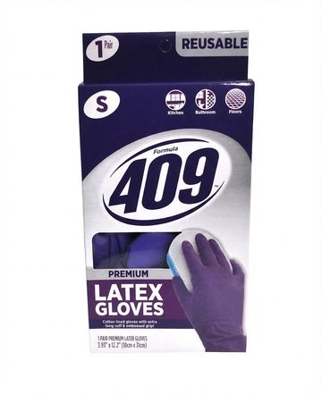 Formula 409 Premium Reusable Latex Gloves, Small, Cotton Lined, Embossed Grip, For Kitchen And Bathroom (1 Pair)