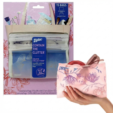 Ziploc Contain The Clutter Reusable Makeup And Accessory Bags, 15 Count (10 Essential, 5 Skinny)