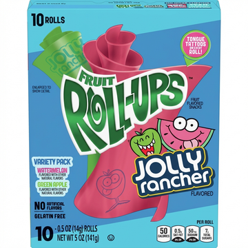 Jolly Rancher Fruit Roll-Ups Variety Pack: Watermelon & Green Apple, Gelatin-Free, No Artificial Flavors, 10 Rolls with Tongue Tattoos (141g)