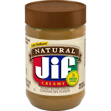 Jif Natural Creamy Peanut Butter Spread, 90% Peanuts, 7g Protein, 454g