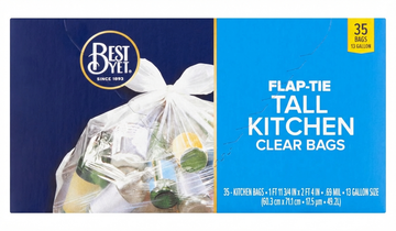 Best Yet Flap-Tie Clear Tall Kitchen Trash Bags, 13 Gallon, 35 Count, 0.69 Mil