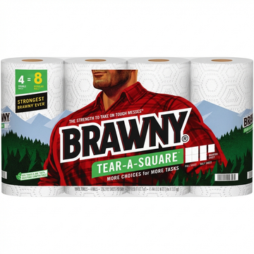 Brawny Tear-A-Square Paper Towel, 4 Double Rolls, 2-Ply Sheets