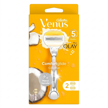 Gillette Venus ComfortGlide Plus Olay Coconut Razor with Metal Handle and 5 Blades, 2 Count