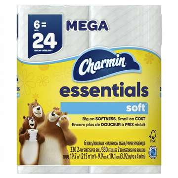 Charmin Essentials Soft Toilet Paper, 6 Mega Rolls, 330 2-Ply Sheets